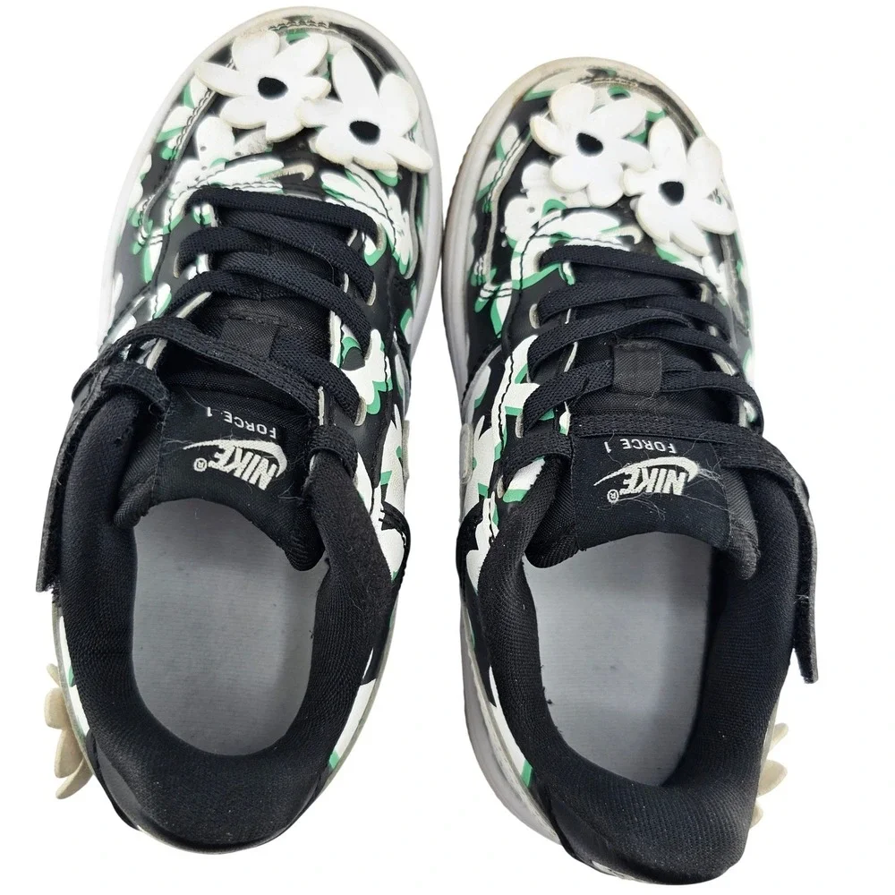 Nike Force 1 Low Kids Black White Green Floral 3D Flower FN0409-001 Size 12C GUC